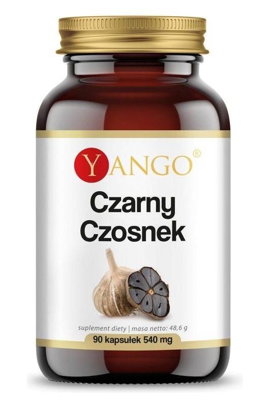 Yango Black Garlic extract supplement bottle with 90 capsules for heart health and antioxidant support.