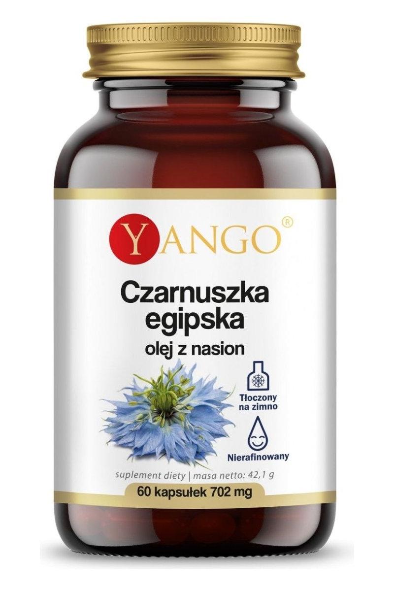 Yango Black Seed Oil in a bottle with 60 capsules promoting essential fatty acids and digestion support.