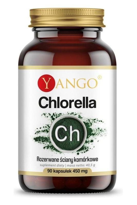 Yango Chlorella dietary supplement bottle with 90 capsules for optimal health and nutrition.
