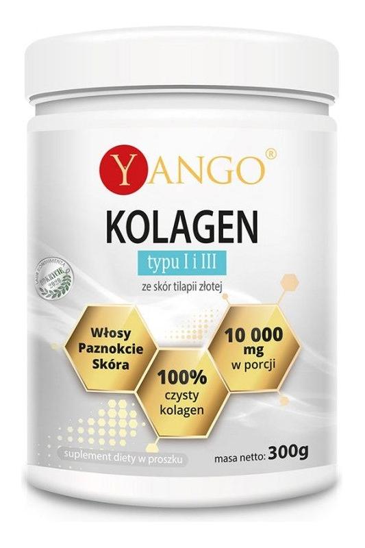 Yango Collagen Type I & III powder, 300g, supports skin, hair, and nails, made from tilapia skin.