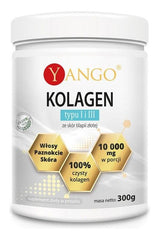 Yango Collagen Type I & III powder, 300g, supports skin, hair, and nails, made from tilapia skin.