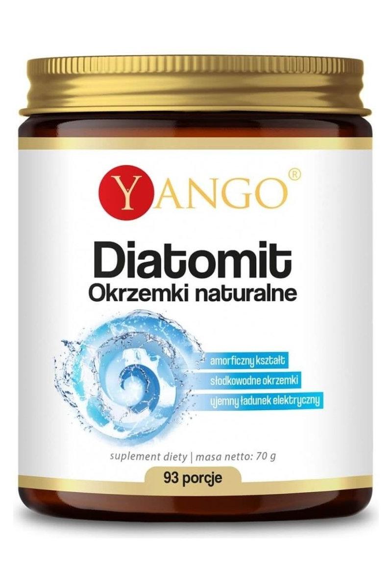 Yango Diatomit natural diatomaceous earth supplement in a 70g jar, featuring high silica content and health benefits.