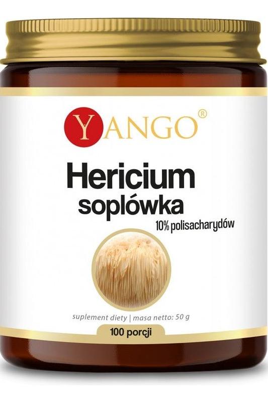 Yango Hericium supplement jar with 10% polysaccharides, 100 servings, featuring cognitive health benefits.