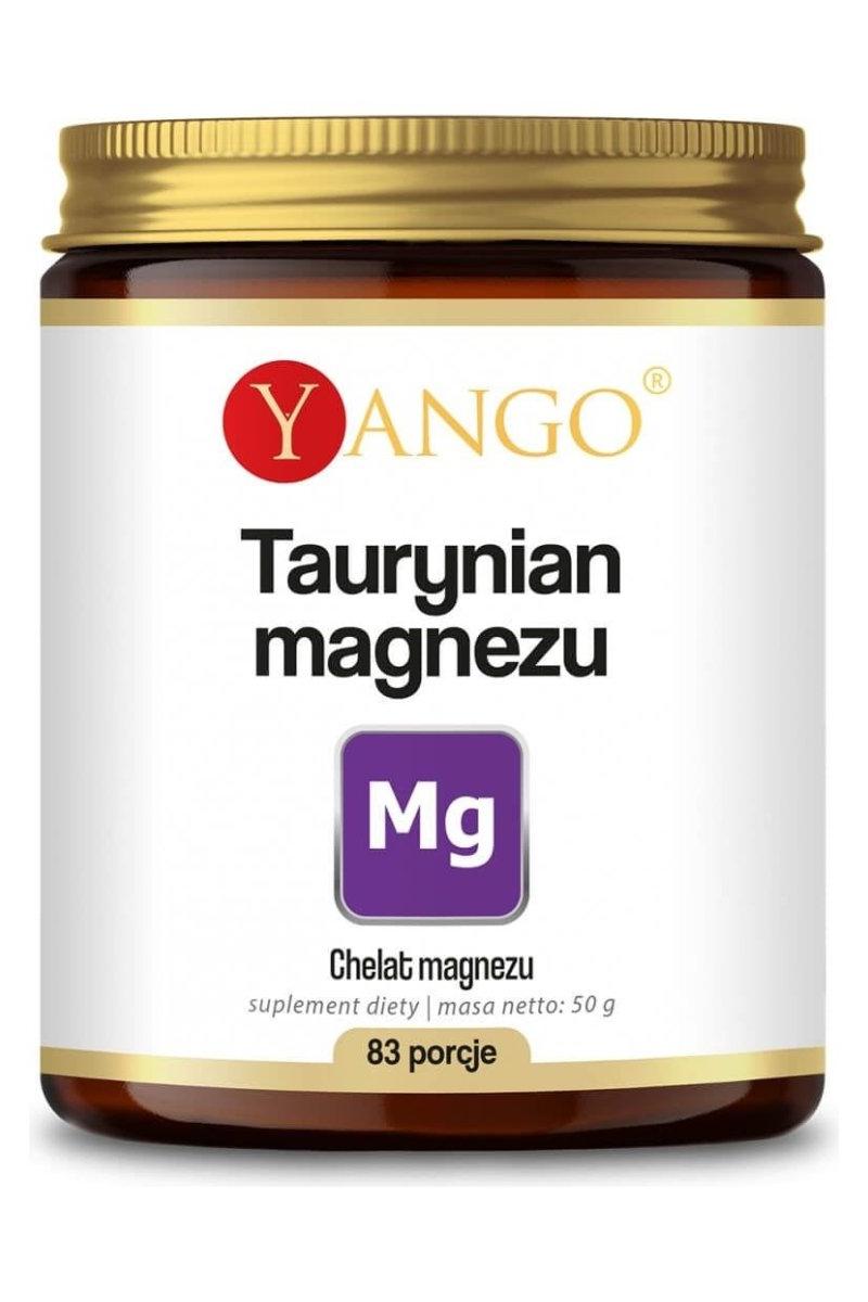 Yango Magnesium Taurate supplement jar with 50g of powder for dietary use, supporting magnesium levels.