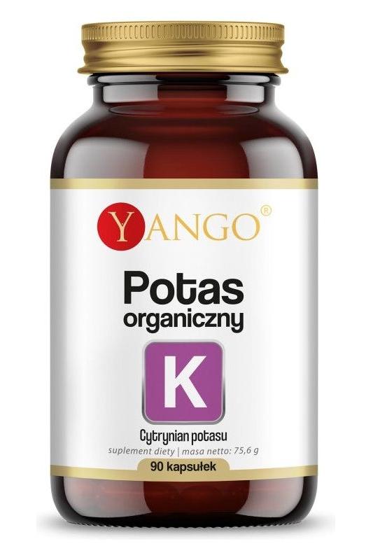 Yango Organic Potassium supplement bottle with 90 capsules for electrolyte balance and heart health.
