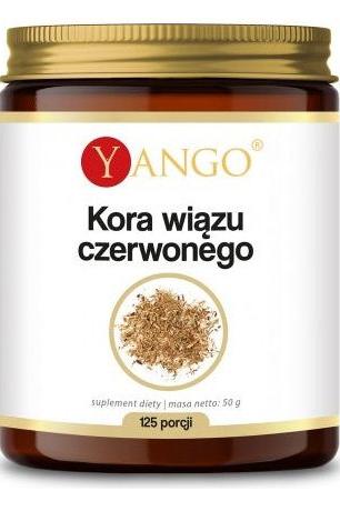 Yango Red Elm Bark supplement in a jar, promoting digestive health with a 10:1 extract, 125 servings, 50g net weight.