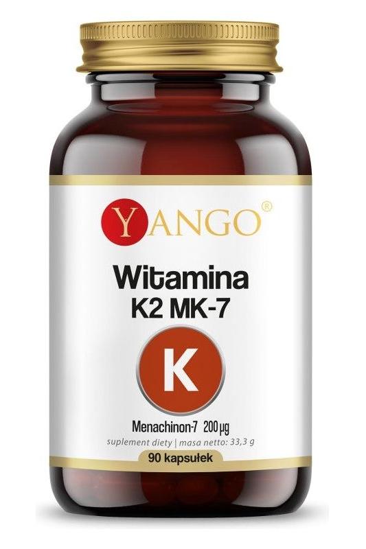 Yango Vitamin K2 MK-7 supplement bottle containing 90 capsules for blood coagulation and bone health.