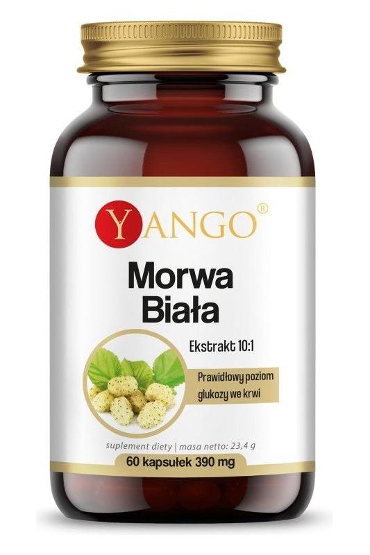 Yango White Mulberry Extract 10:1 in a bottle with 60 vegan capsules for glucose level control.