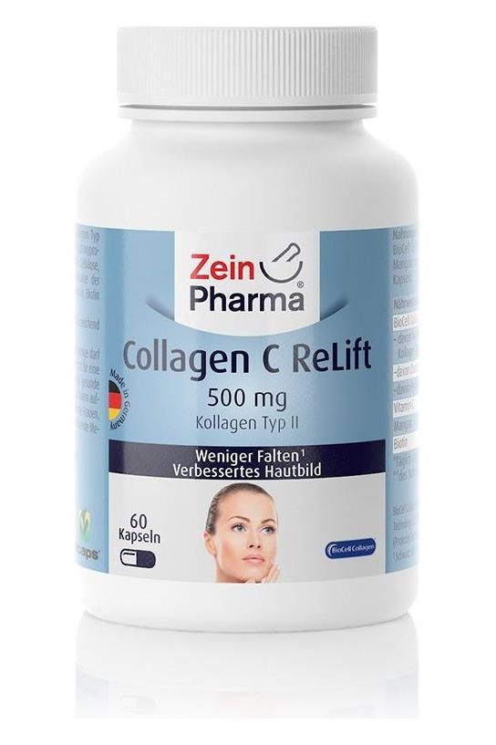 Zein Pharma Collagen C ReLift 500 mg supplement bottle for youthful skin with 60 capsules.