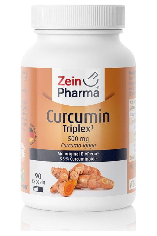 Zein Pharma Curcumin Triplex supplement bottle with 500 mg curcumin in a 90-capsule container.