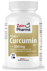 Zein Pharma Curcumin Triplex 500 mg supplement bottle with 90 capsules, made in Germany.