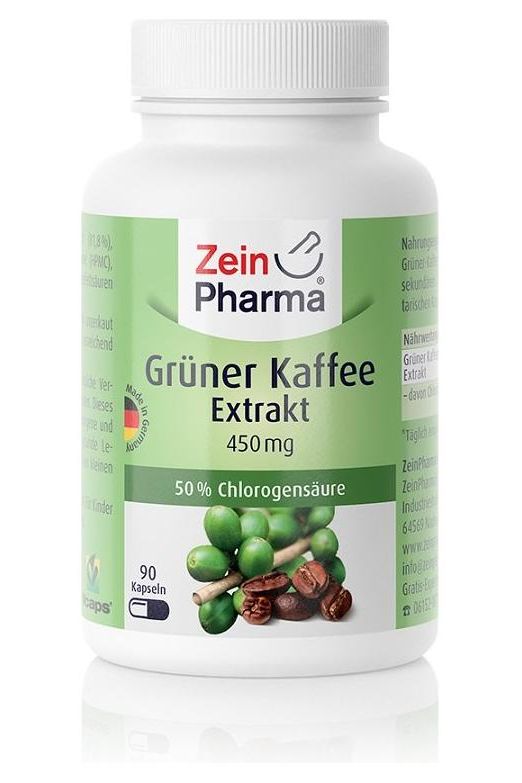 Zein Pharma Green Coffee Extract 450mg, 90 capsules, featuring capsules with chlorogenic acid from Coffea arabica.
