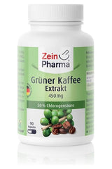 Zein Pharma Green Coffee Extract 450mg, 90 capsules, featuring capsules with chlorogenic acid from Coffea arabica.