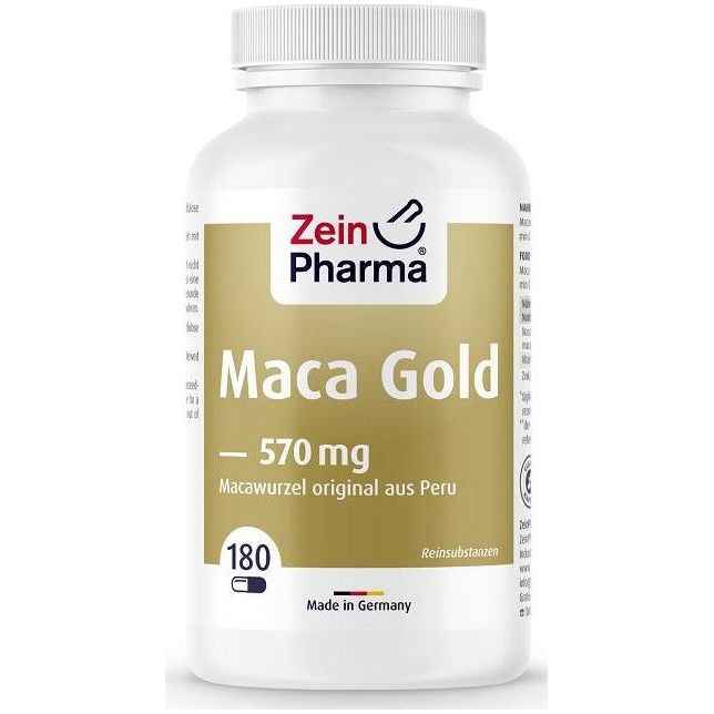 Zein Pharma Maca Gold supplement bottle, 570mg, 180 capsules for immune system support, vegan and gluten-free.