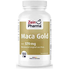 Zein Pharma Maca Gold supplement bottle, 570mg, 180 capsules for immune system support, vegan and gluten-free.