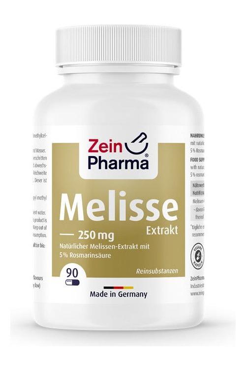Zein Pharma Melissa Extract 250mg capsule bottle with 90 capsules made in Germany.