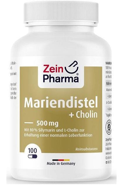 Zein Pharma Milk Thistle + Choline 500mg, 100 capsules, supports liver function and fat metabolism, made in Germany.