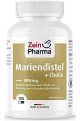 Zein Pharma Milk Thistle + Choline 500mg, 100 capsules, supports liver function and fat metabolism, made in Germany.