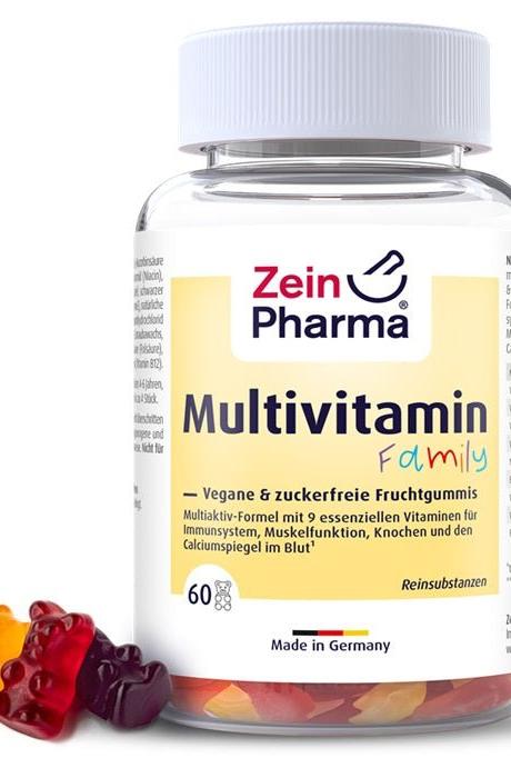 Zein Pharma multivitamin gummies for the family, 60 vegan fruit gummies in a clear bottle, made in Germany.