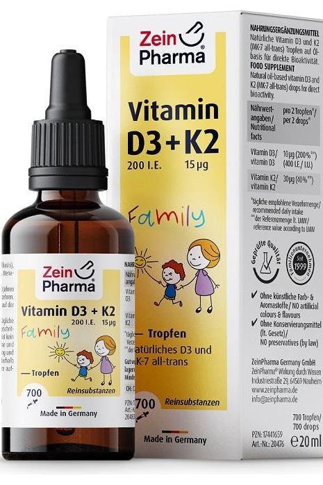 Zein Pharma Vitamin D3 + K2 Family Drops, promoting healthy bones and skeleton with natural ingredients.