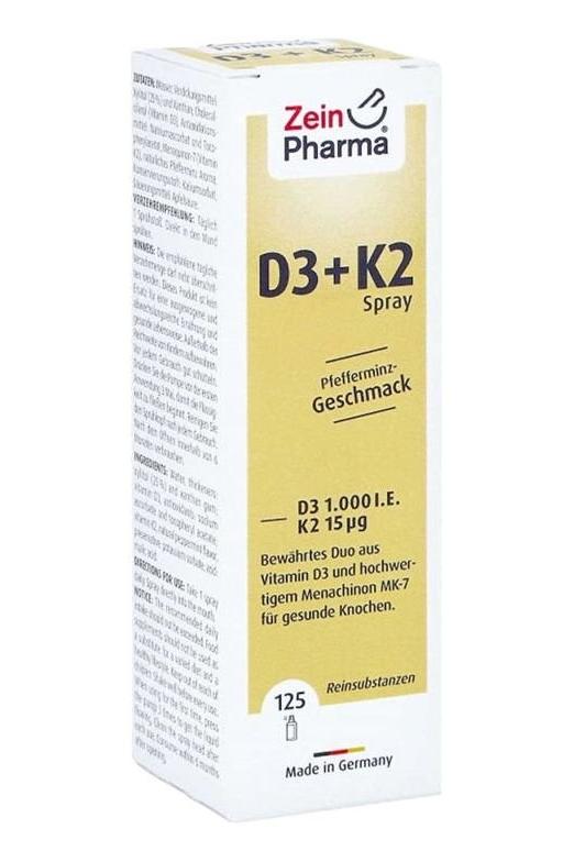 Zein Pharma Vitamin D3 + K2 Spray in peppermint flavor for immune support and bone health.