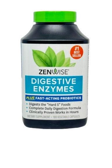 Zenwise Digestive Enzymes bottle, supports digestion and gut health with probiotics, 180 vegetable capsules.