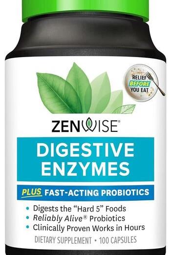 Zenwise Digestive Enzymes bottle with green lid, offering fast-acting support for digestion and probiotics.