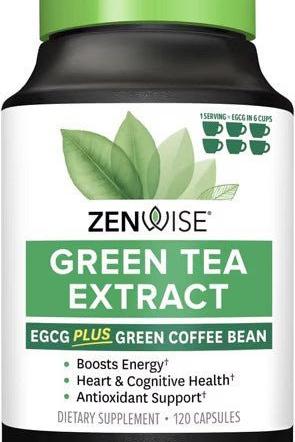 Zenwise Green Tea Extract supplement bottle with 120 capsules, boosts energy and supports heart health.