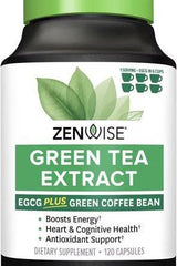 Zenwise Green Tea Extract supplement bottle with 120 capsules, boosts energy and supports heart health.