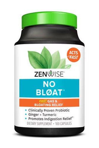 Zenwise No Bloat dietary supplement bottle for gas and bloating relief with probiotics and botanical blends.