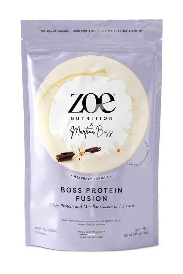 ZOE Nutrition Boss Protein Fusion protein powder bag in Heavenly Vanilla flavor with a 1:1 whey to casein ratio.