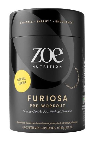 ZOE Nutrition Furiosa Pre-Workout in Tropical Flavour, a fat-free energy supplement for enhanced performance.