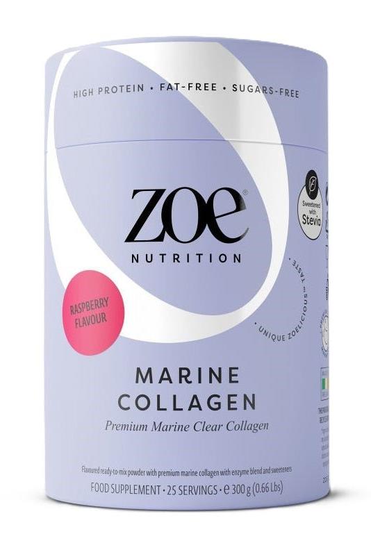 ZOE Nutrition Marine Collagen supplement, raspberry flavor, high protein, fat-free, 300g package.