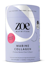 ZOE Nutrition Marine Collagen supplement, raspberry flavor, high protein, fat-free, 300g package.