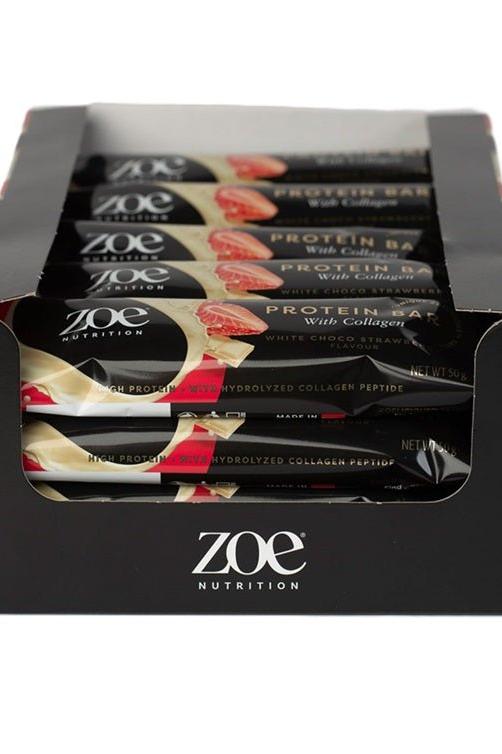 ZOE Nutrition protein bars with collagen in packaging, featuring white chocolate and strawberry flavors.
