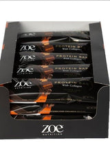 ZOE Nutrition protein bars with collagen in a black box, displaying high protein content and unique flavor.