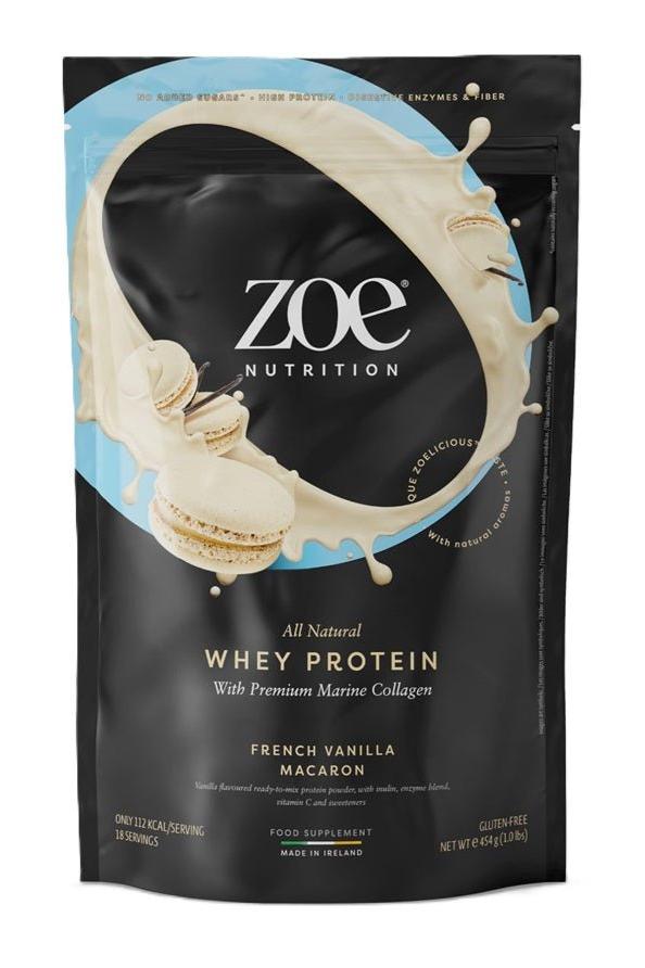 ZOE Nutrition Whey Protein with Premium Marine Collagen, French Vanilla Macaron flavor, gluten-free food supplement.