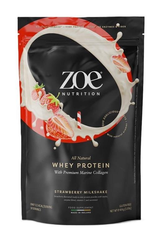 ZOE Nutrition Whey Protein with Premium Marine Collagen Strawberry Milkshake flavor packaging