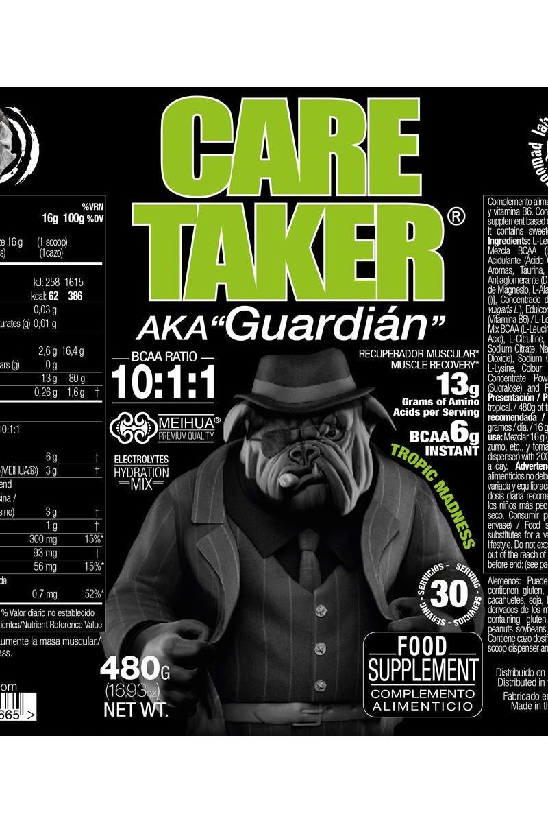 Zoomad Labs Caretaker BCAAs 10:1:1 supplement label with nutritional facts and a bulldog mascot.