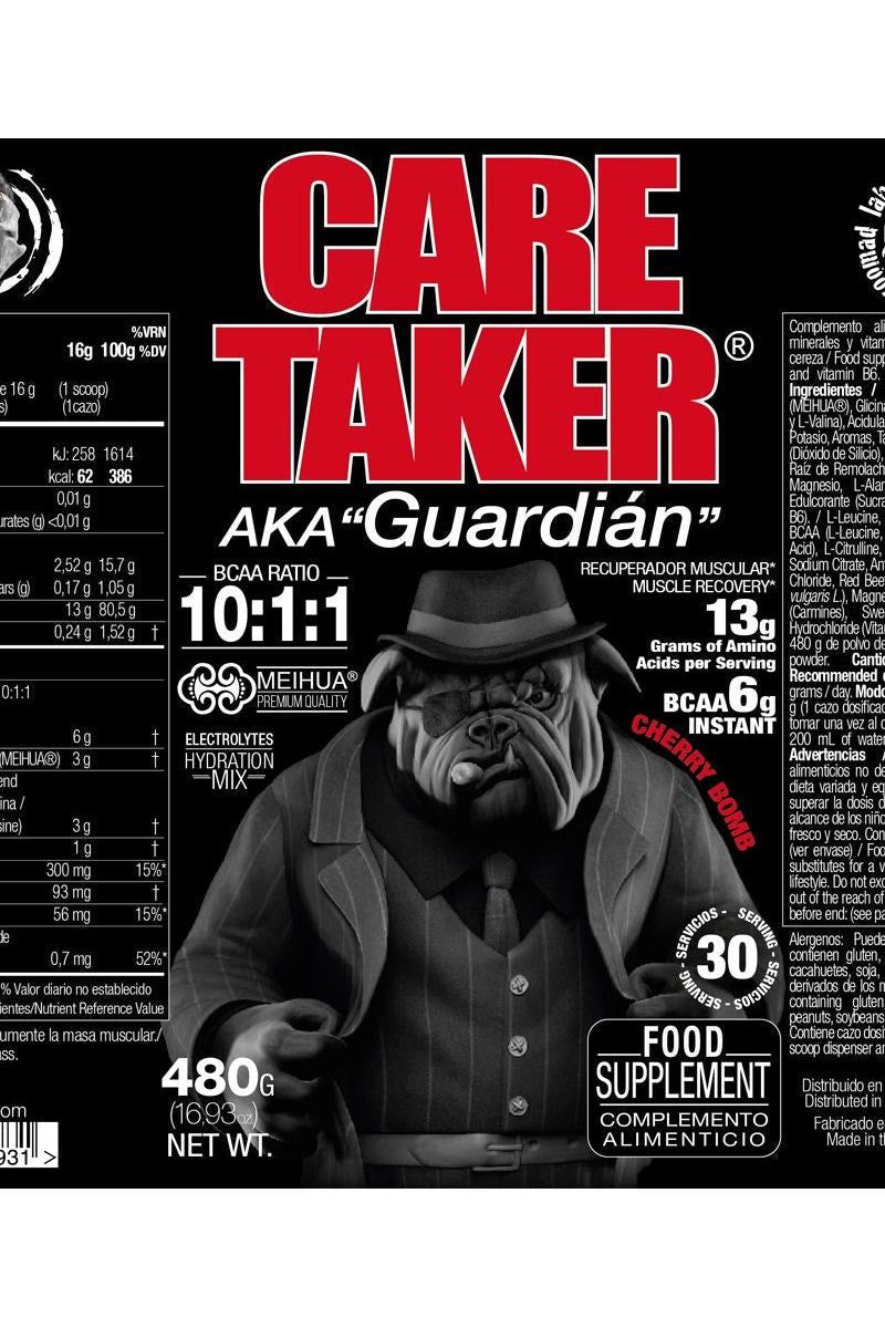 Zoomad Labs Caretaker BCAAs 10:1:1 label featuring a bulldog in a suit, promoting muscle recovery and hydration.
