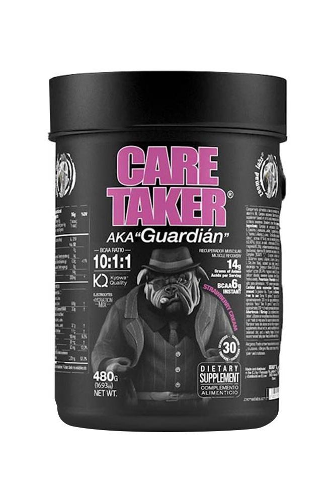Zoomad Labs Caretaker BCAAs 10:1:1 dietary supplement container with branding and nutritional information.