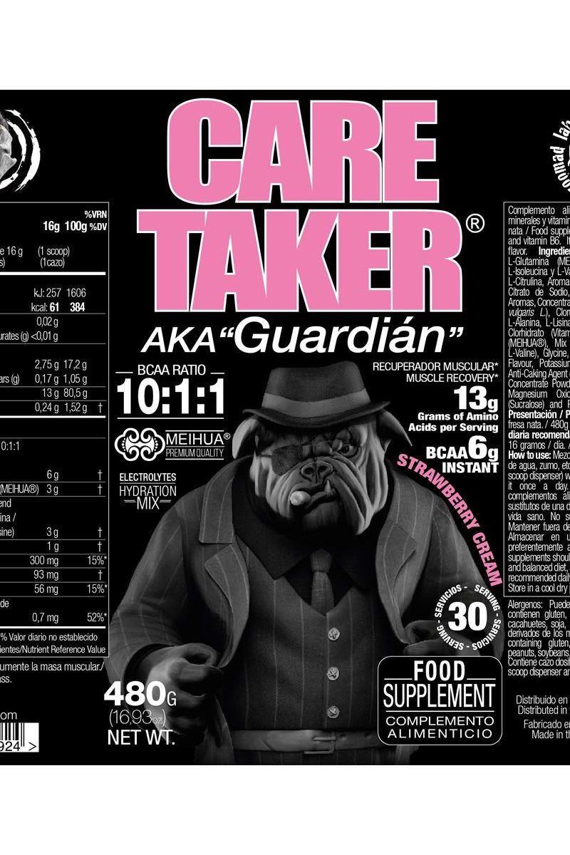 Zoomad Labs Caretaker BCAAs 10:1:1 supplement packaging, featuring a bulldog in a suit, strawberry flavor.