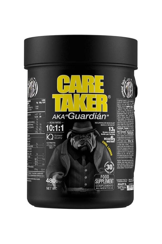Zoomad Labs Caretaker® BCAAs 10:1:1 supplement container with bulldog image and nutrition facts.