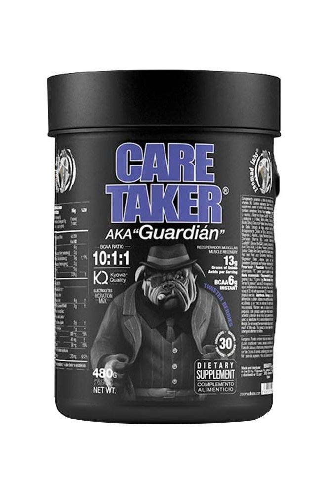 Zoomad Labs Caretaker BCAAs 10:1:1 supplement tub with black packaging and graphic of a muscular guardian.