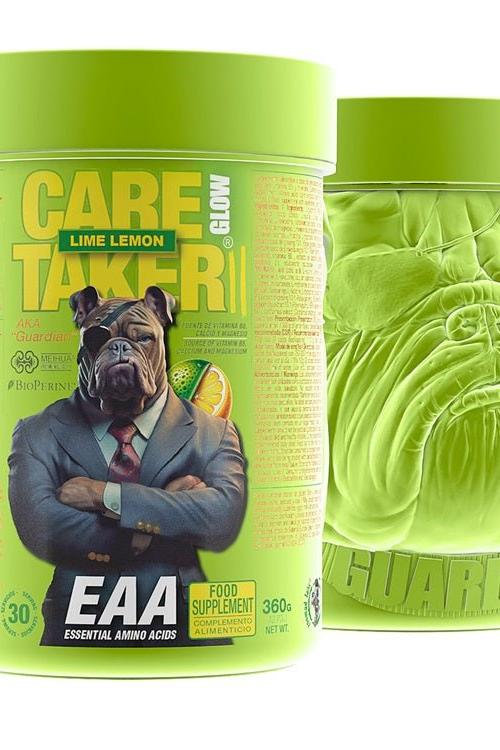Zoomad Labs Caretaker II EAA Glow supplement container in lime lemon flavor with a muscular design.