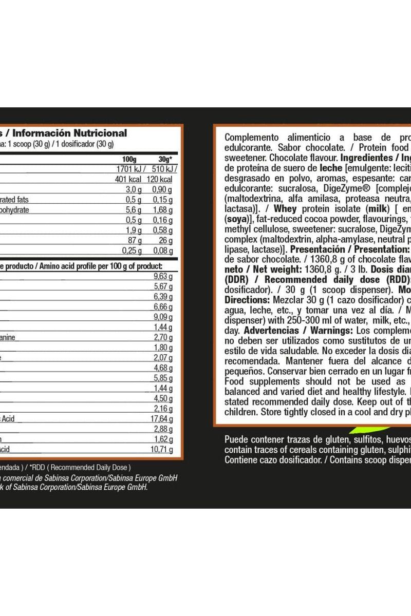Nutritional information for Zoomad Labs - ISOZOO protein supplement in chocolate flavor.