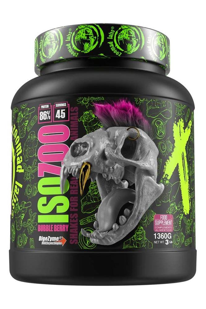 Zoomad Labs ISOZOO supplement in Bubble Berry flavor, featuring a unique skull design, 1360g container.