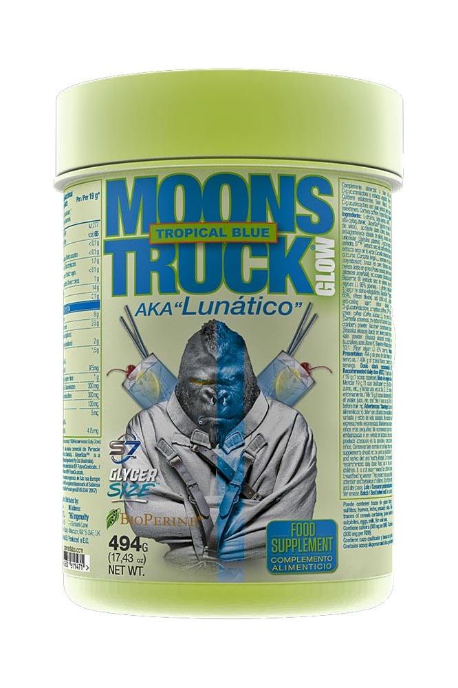 Zoomad Labs Moonstruck II Glow Tropical Blue dietary supplement container, boosts nitric oxide for performance.