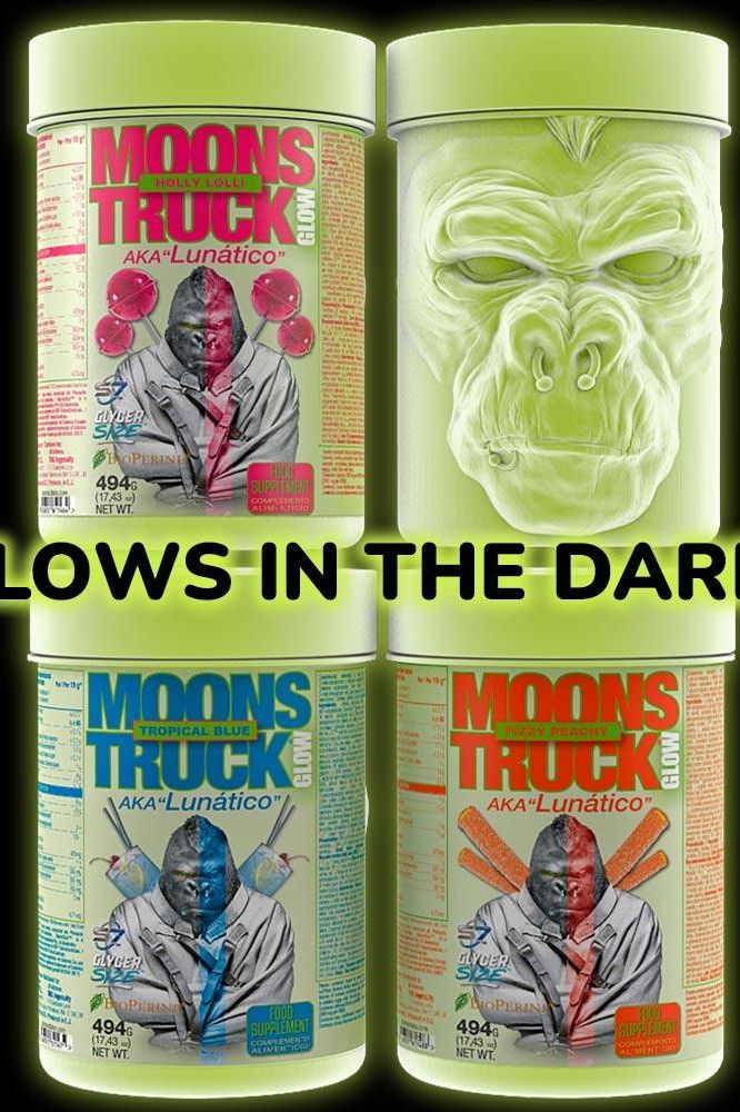Zoomad Labs Moonstruck II Glow products in glow-in-the-dark containers with vibrant labels.