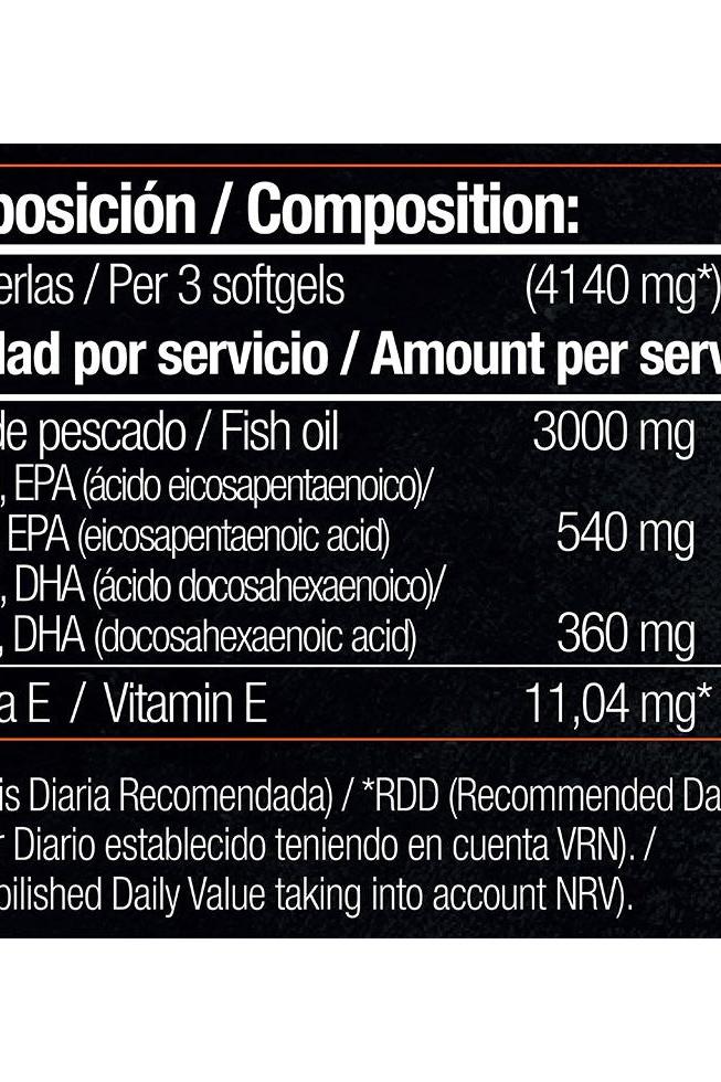 Composition details of Zoomad Labs Omega 3 supplement, showing amounts of Fish oil, EPA, DHA, and Vitamin E per serving.